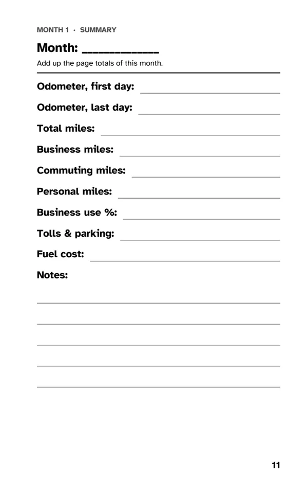 Mileage Log Book: Monthly summary
